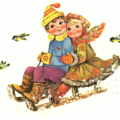 christmas boy n girl sleighing free clipart