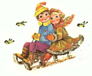 christmas boy n girl sleighing free clipart